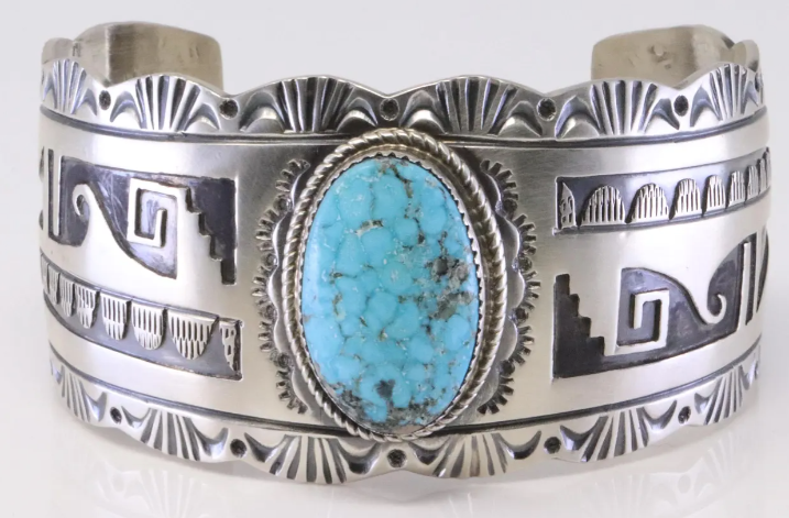 Navajo Leonard Jim Turquoise Sterling Silver Cuff Bracelet, Handmade