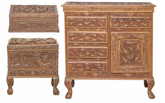 Three Heavily Carved Teakwood Chests/Boxes of Superb Quality