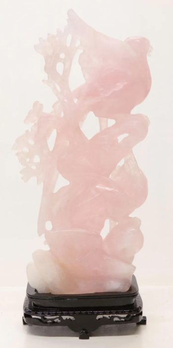 Rose Quartz Figure of a Lady and Birds, Two Pieces