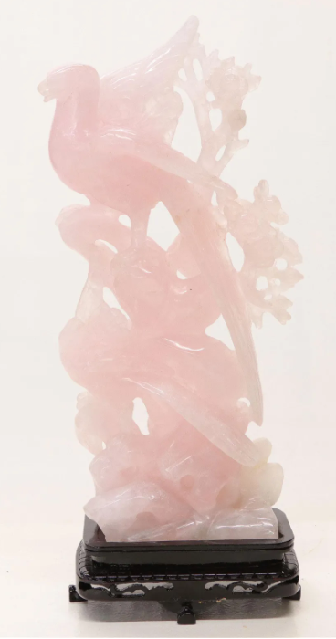 Rose Quartz Figure of a Lady and Birds, Two Pieces