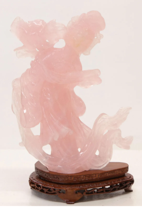 Rose Quartz Figure of a Lady and Birds, Two Pieces