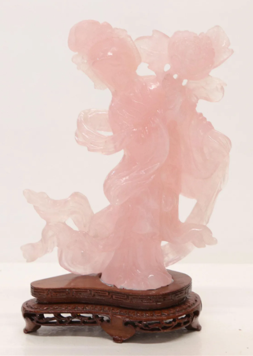 Rose Quartz Figure of a Lady and Birds, Two Pieces