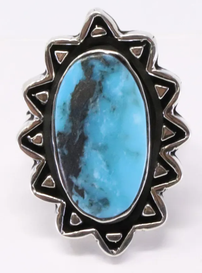 Navajo David L. Lopez Handmade Sterling Silver Turquoise Ring, Size 5.75