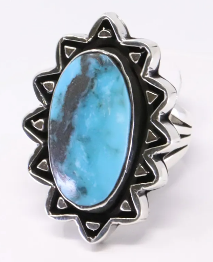 Navajo David L. Lopez Handmade Sterling Silver Turquoise Ring, Size 5.75