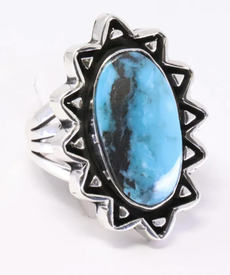 Navajo David L. Lopez Handmade Sterling Silver Turquoise Ring, Size 5.75