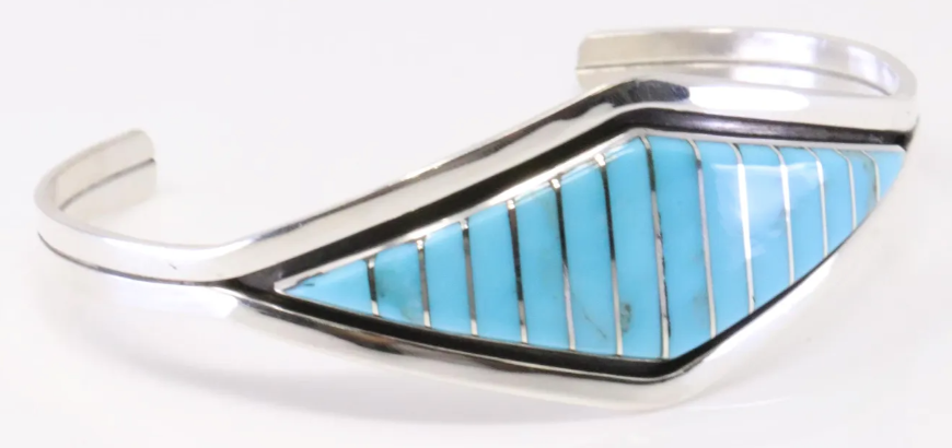 Zuni Marvin Luarkie Handmade Sterling Silver Turquoise Inlay Bracelet