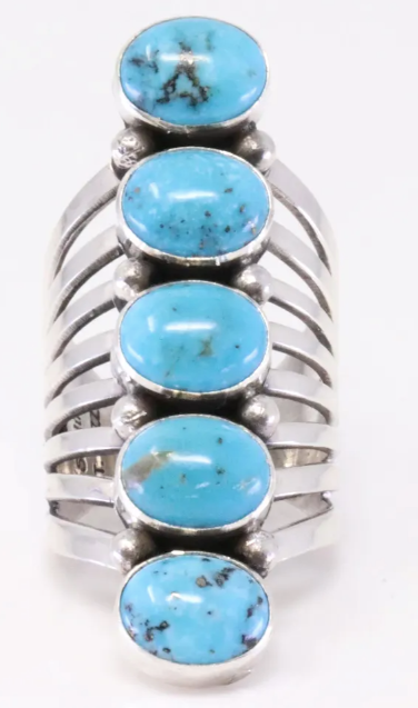 Navajo Thomas Yazzie 5-Stone Turquoise Sterling Silver Ring, Handmade, Ring Size 7.75