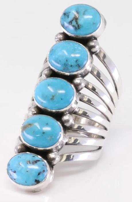 Navajo Thomas Yazzie 5-Stone Turquoise Sterling Silver Ring, Handmade, Ring Size 7.75