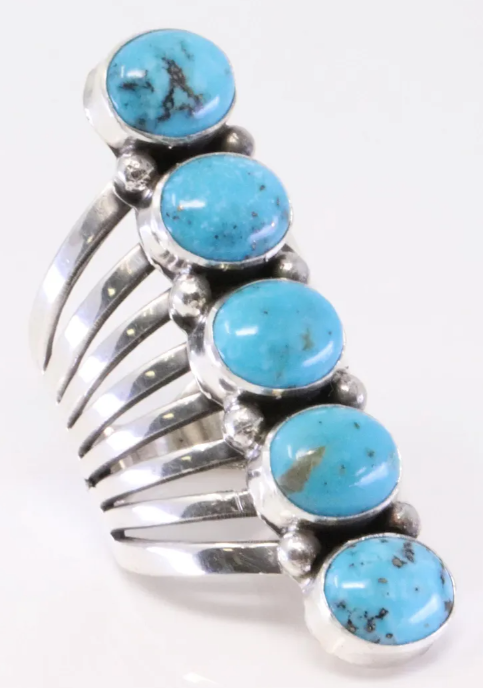 Navajo Thomas Yazzie 5-Stone Turquoise Sterling Silver Ring, Handmade, Ring Size 7.75