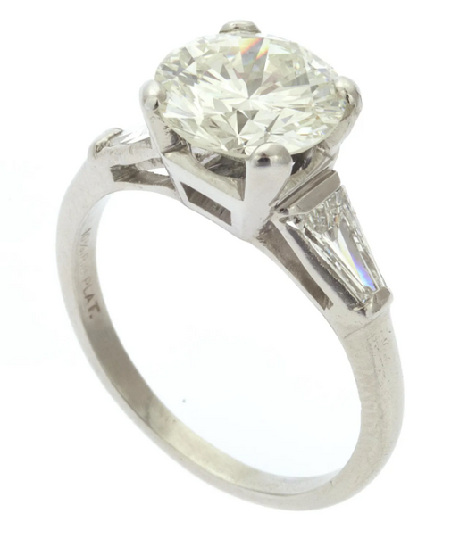 2.33 Carat Solitaire Diamond Accented with Two 0.50 Carat Total Weight Diamonds, Platinum Ring, Size 6 1/2