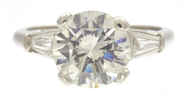 2.33 Carat Solitaire Diamond Accented with Two 0.50 Carat Total Weight Diamonds, Platinum Ring, Size 6 1/2