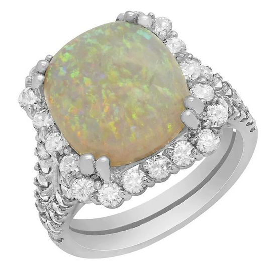 5.29 Carat White Opal 1.59 Carat Diamond 14k White Gold Ring