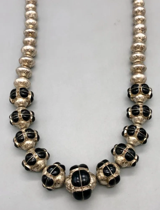 Graduated Navajo Pearls (Sterling Silver Beads) with Onyx Inlay Necklace, Handmade