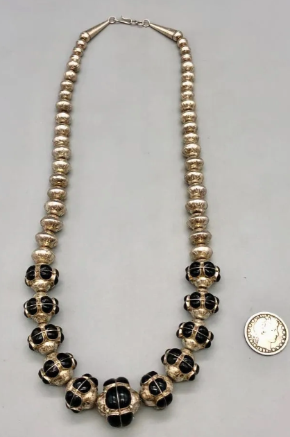 Graduated Navajo Pearls (Sterling Silver Beads) with Onyx Inlay Necklace, Handmade