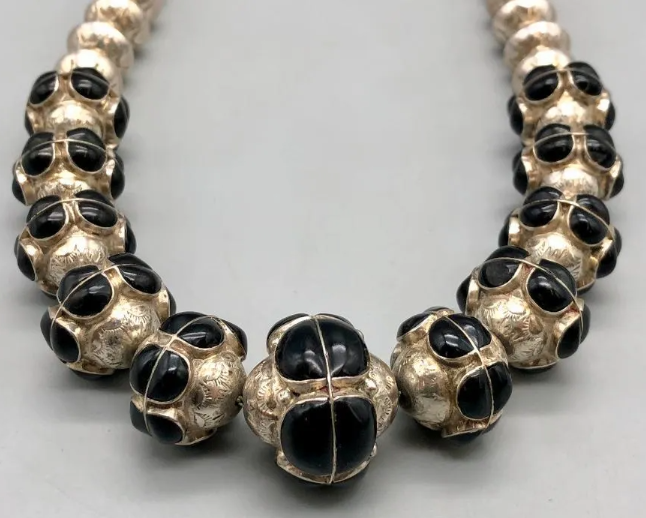 Graduated Navajo Pearls (Sterling Silver Beads) with Onyx Inlay Necklace, Handmade