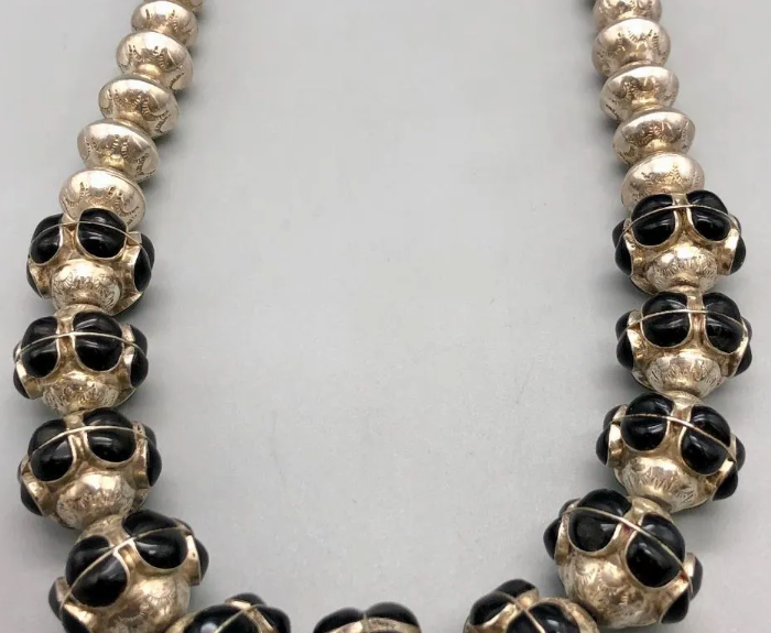 Graduated Navajo Pearls (Sterling Silver Beads) with Onyx Inlay Necklace, Handmade