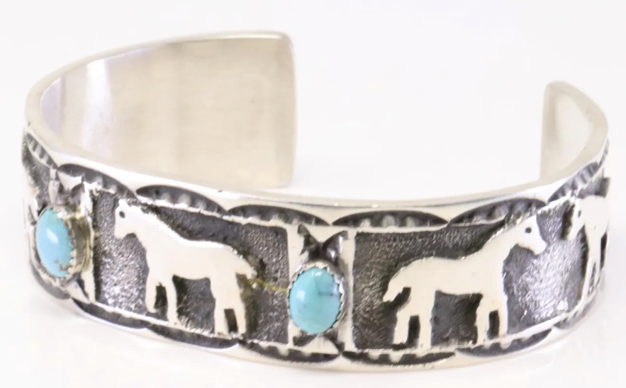 Navajo Emerson Kinsel Turquoise Horse Sterling Silver Cuff Bracelet By K, Handmade