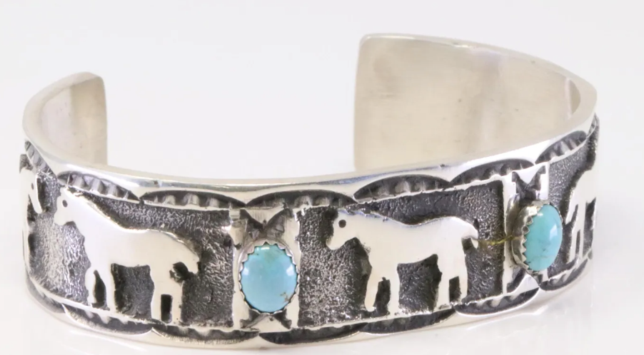 Navajo Emerson Kinsel Turquoise Horse Sterling Silver Cuff Bracelet By K, Handmade