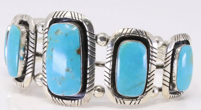 Navajo Five Turquoise Stone Sterling Silver Cuff Bracelet, Handmade