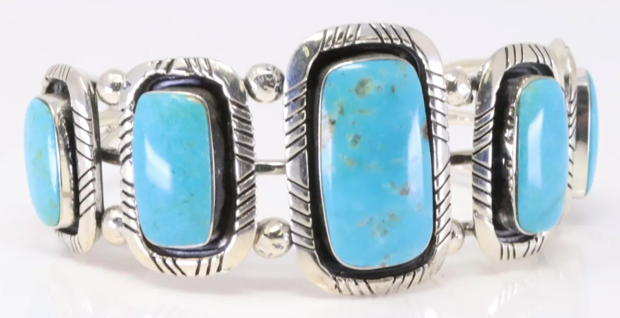 Navajo Five Turquoise Stone Sterling Silver Cuff Bracelet, Handmade