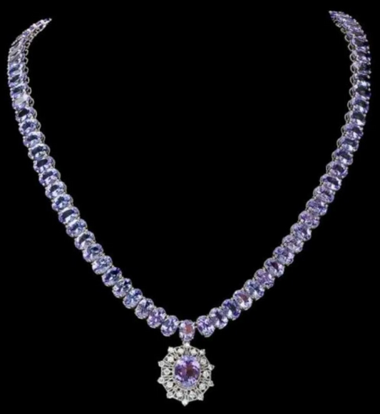 71.93 Carat Tanzanite and 0.72 Carat Diamond 14K White Gold Necklace