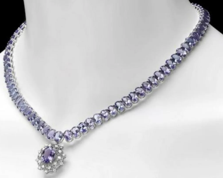 71.93 Carat Tanzanite and 0.72 Carat Diamond 14K White Gold Necklace