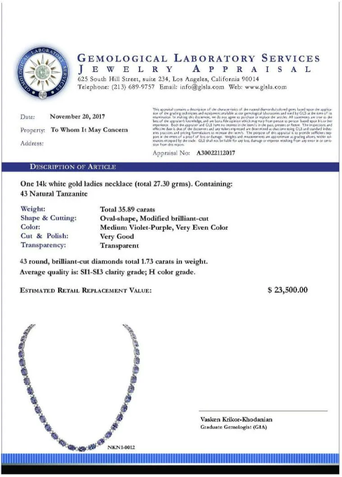 35.89ct Tanzanite 1.73ct Diamond 14KT White Gold Necklace