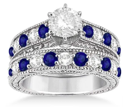 Diamond and Blue Sapphire Bridal Ring Set in Platinum, 2.87 Carat Total Weight, 6 3/4 Ring Size.