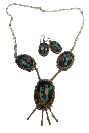 Zuni Bird and Flower Design Inlay Sterling Silver Necklace and Earrings, Handmade