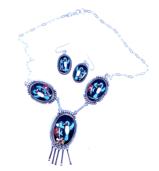 Zuni Bird and Flower Design Inlay Sterling Silver Necklace and Earrings, Handmade