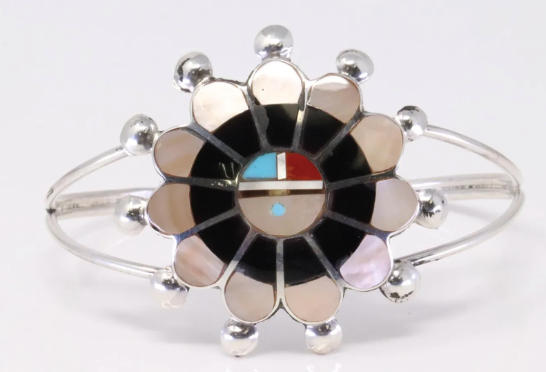 Zuni Pauline Lonjose, Sunface Motif with Multi-Gemstone Inlay, Sterling Silver Bracelet, Handmade