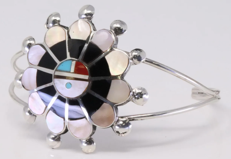 Zuni Pauline Lonjose, Sunface Motif with Multi-Gemstone Inlay, Sterling Silver Bracelet, Handmade