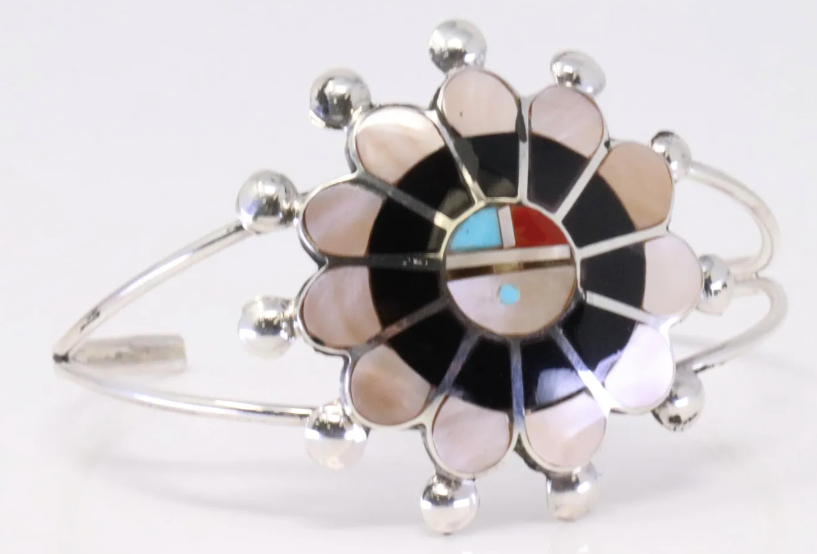 Zuni Pauline Lonjose, Sunface Motif with Multi-Gemstone Inlay, Sterling Silver Bracelet, Handmade